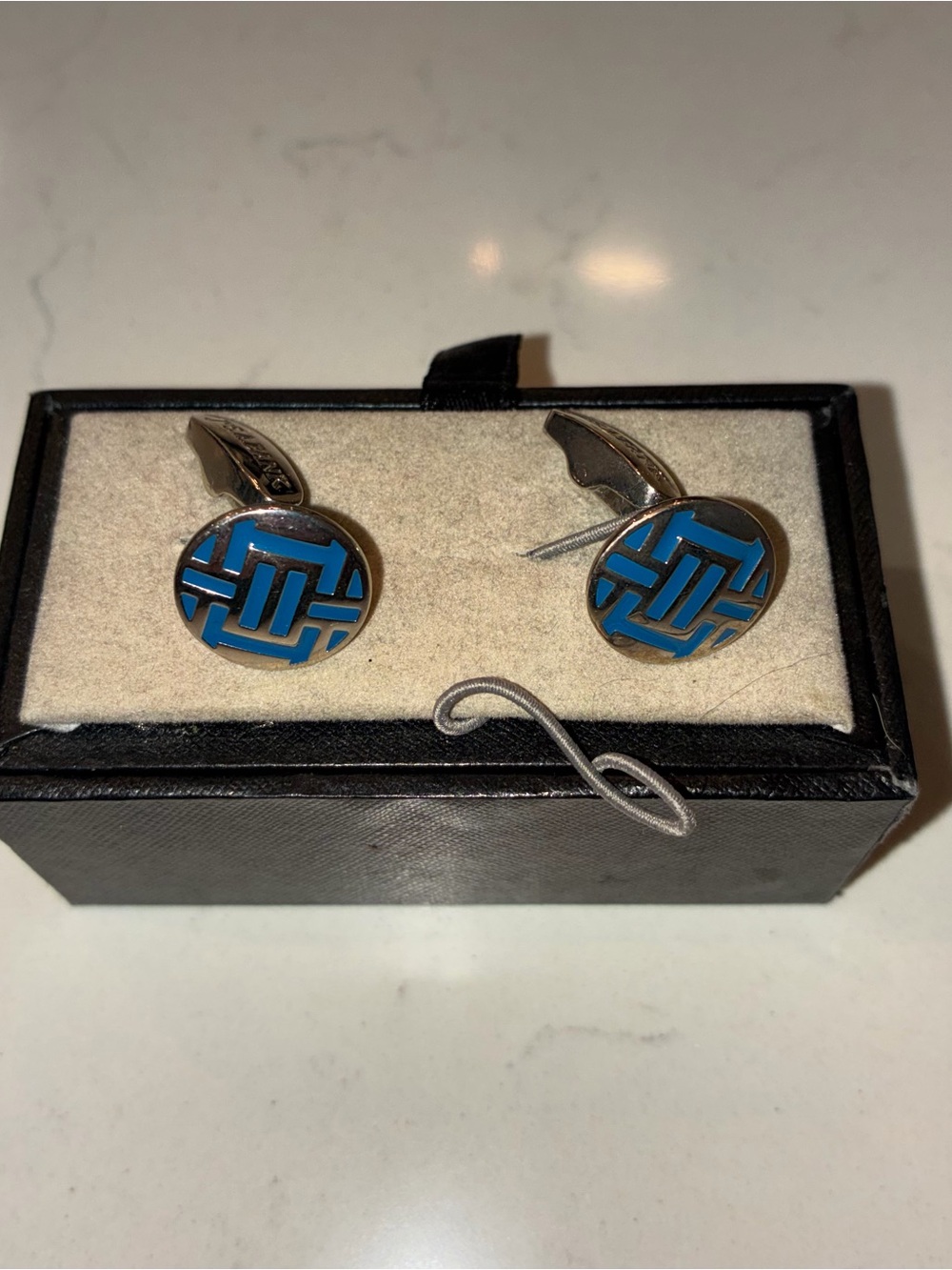 Jos. A. Bank Silver-Tone Cufflinks with Blue Enamel Geometric Inlay